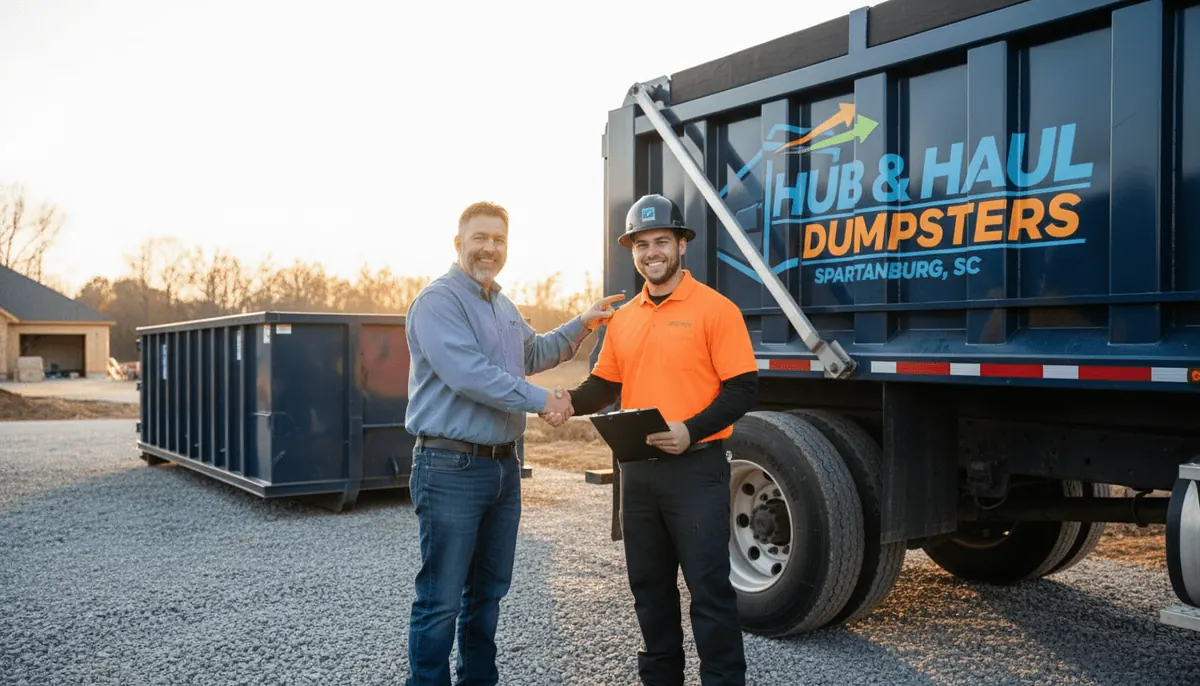 Hub & Haul Dumpsters driver shaking hands with a customer beside a Hub & Haul roll-off truck