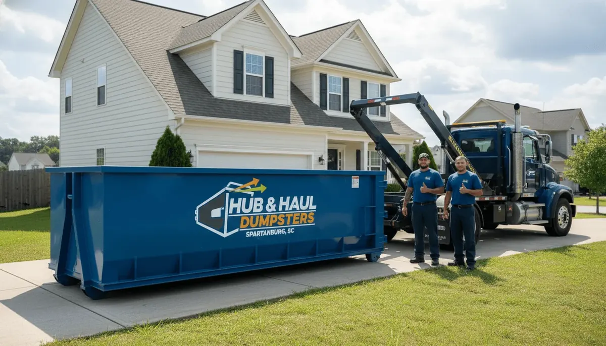 Dumpster rental in Spartanburg, SC Hub & Haul Dumpsters roll-off container delivered to a driveway in Spartanburg, South Carolina, with two drivers beside the truck
