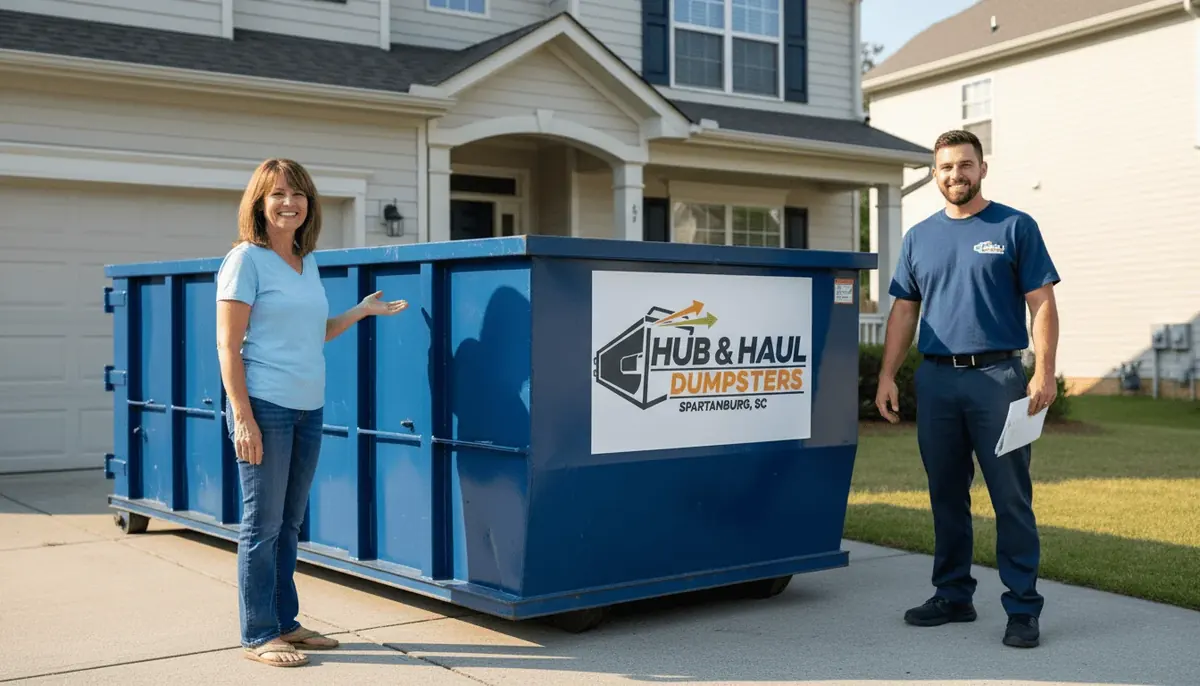 Smiling homeowner and a Hub & Haul Dumpsters driver beside a blue Hub & Haul container in a driveway in Spartanburg