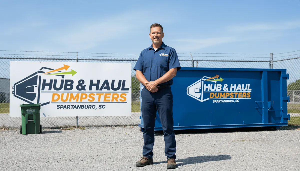 Yard supervisor standing in front of the Hub & Haul Dumpsters sign and a roll-off container