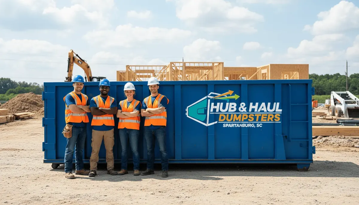 Four Hub & Haul Dumpsters crew members in hard hats in front of a roll-off container on a job site