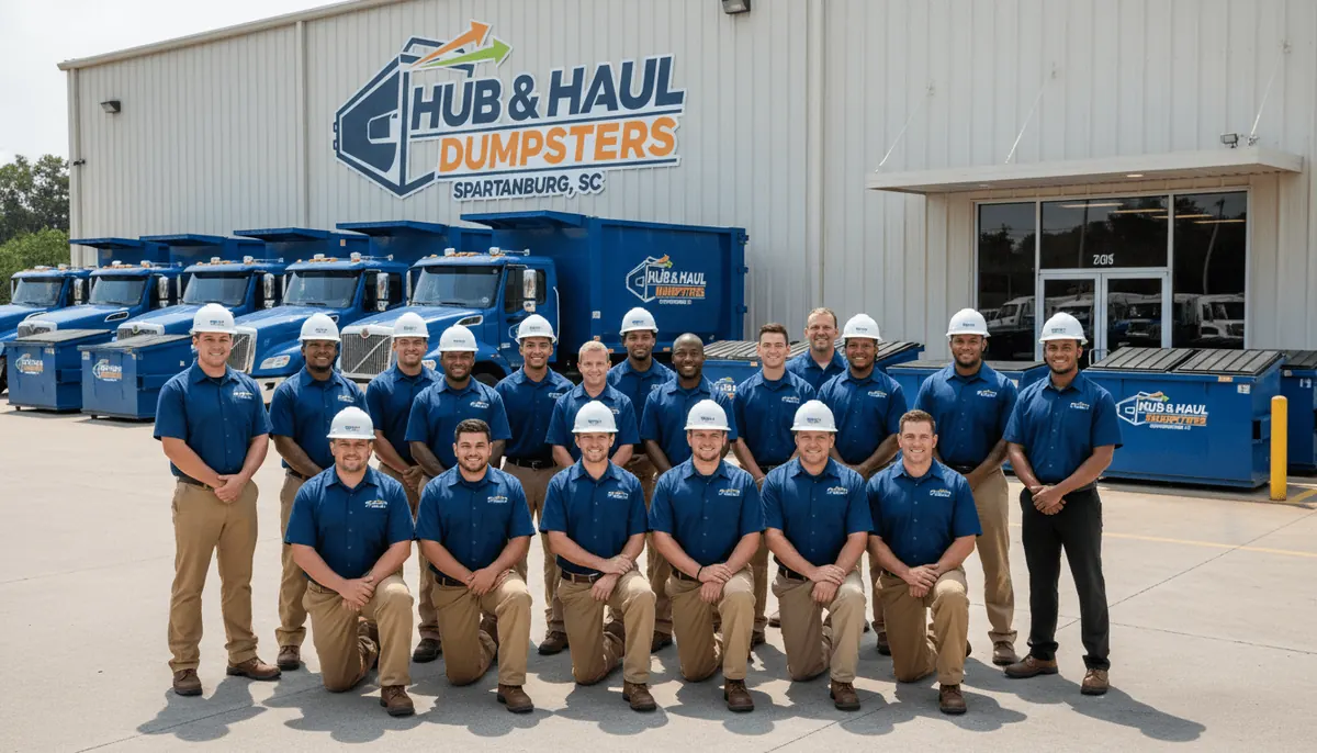 The Hub & Haul Dumpsters crew lined up in front of the yard building in Spartanburg