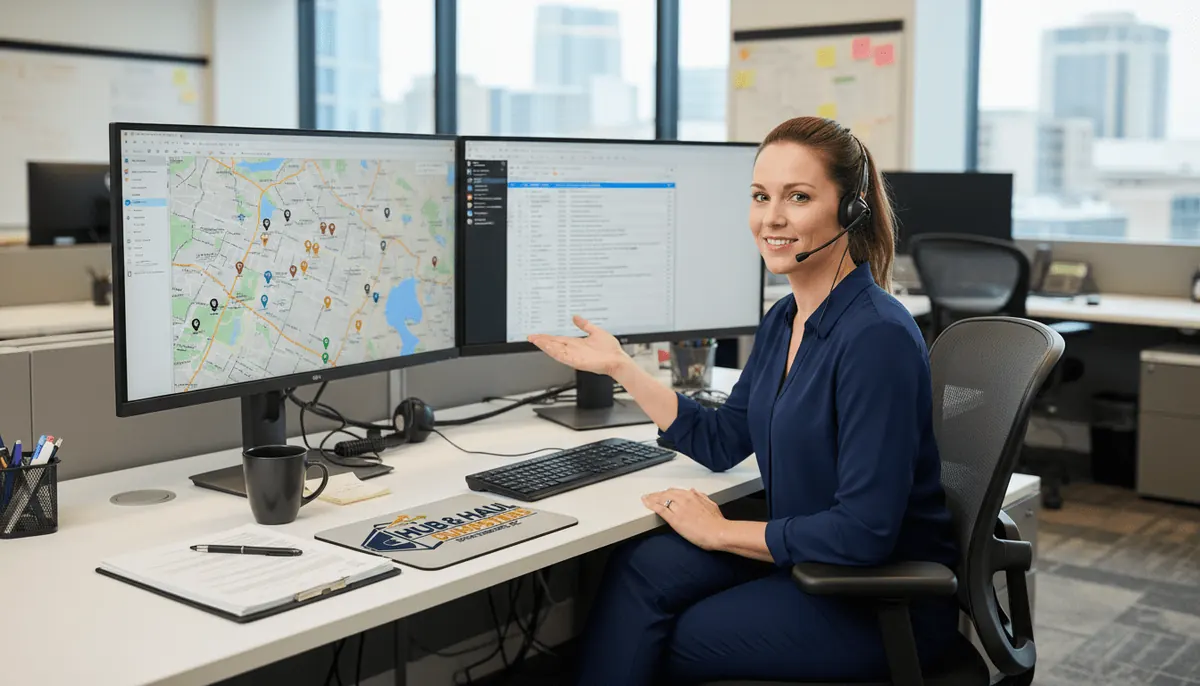 Hub & Haul Dumpsters dispatcher at a desk with a map on the screen, scheduling dumpster drop-offs