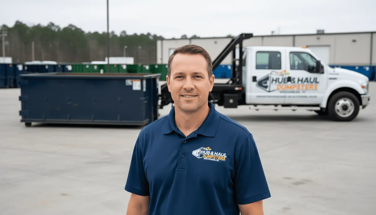 Hub & Haul Dumpsters staff member standing in front of a roll-off truck and containers in the yard